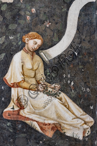 Detail fresco lady weaving flower wreath Painted Room Rocca Albornoz Spoleto Italy