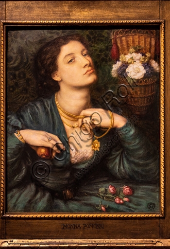 Monna Pomona painting by Dante Gabriel Rossetti 1864, depicting goddess Pomona with apples and pearls
