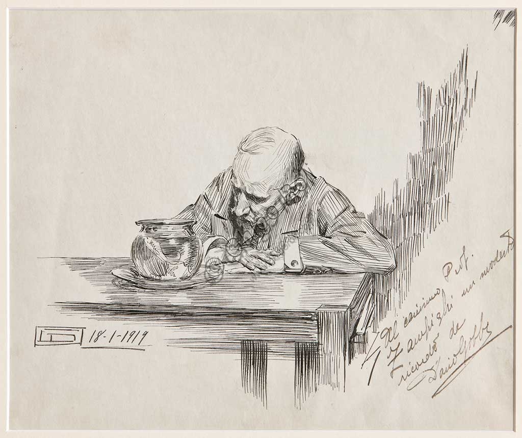 Disegno a inchiostro su carta di Dario Gobbi Uomo seduto al tavolo in meditazione 1919