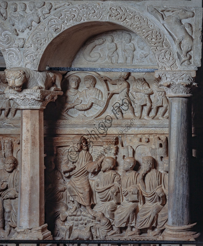 Sculptural detail of the Sarcophagus of Stilicho, 4th century, in the Basilica of Saint Ambrose, Milan