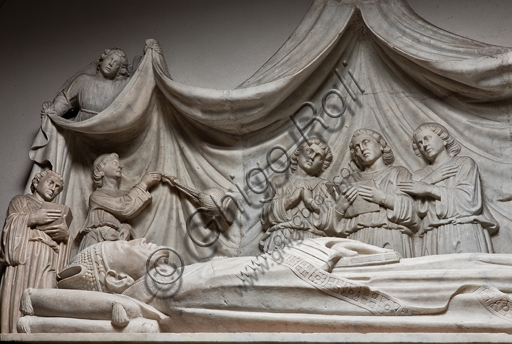 Sculptural detail of the recumbent statue of Giorgio Fieschi, Renaissance funerary monument by Giovanni Gagini in Genoa Cathedral
