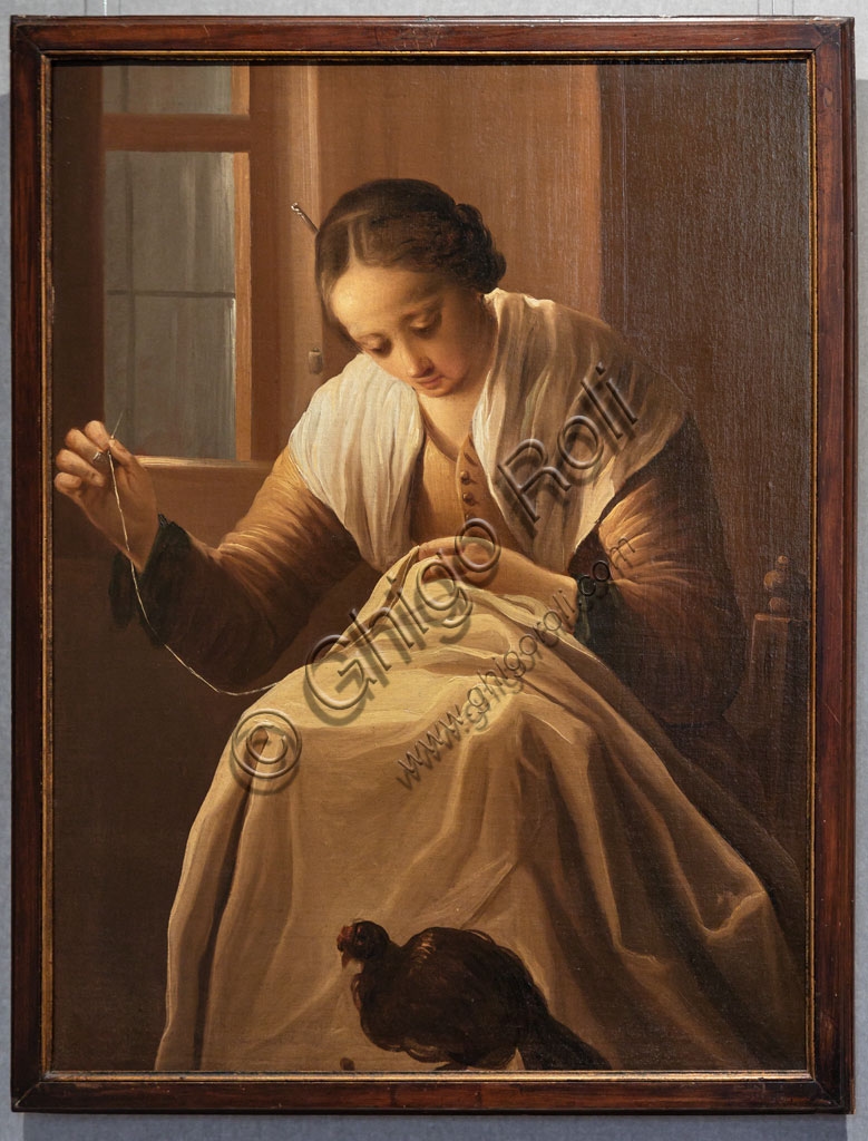 Dipinto Ragazza che cuce, Antonio Cifrondi, Pinacoteca Tosio Martinengo Brescia