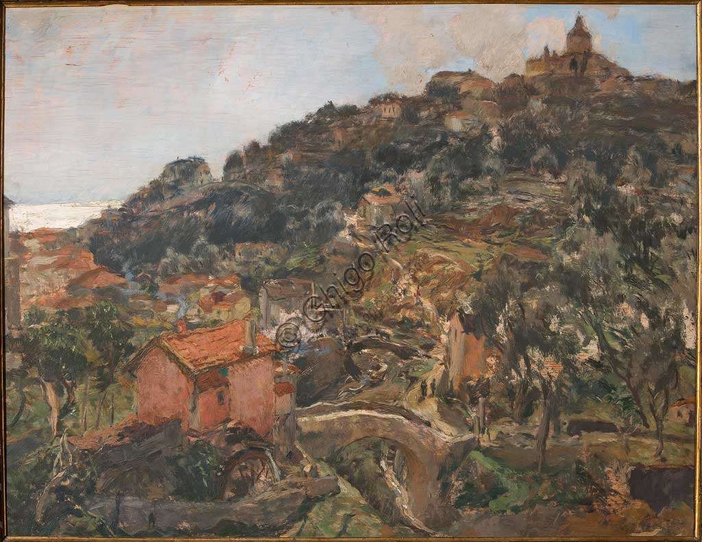 Dipinto Sanremo di Giuseppe Graziosi, olio su compensato, paesaggio marino italiano