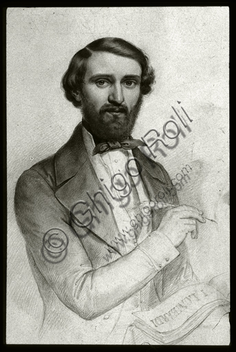 Pencil and charcoal drawing of Giuseppe Verdi during the Nabucco opera period, created by G. Turchi