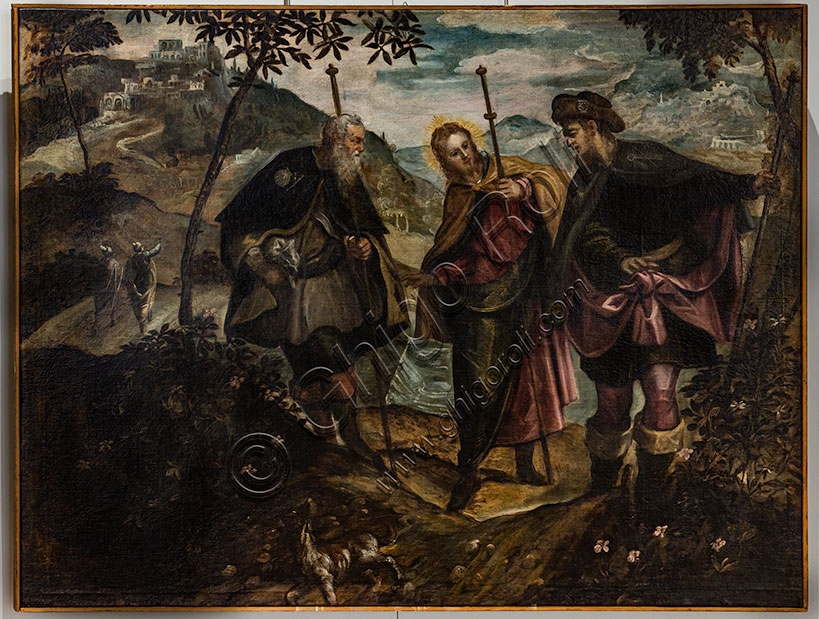 Dipinto 'Incontro sulla via di Emmaus' di Domenico Tintoretto, olio su tela