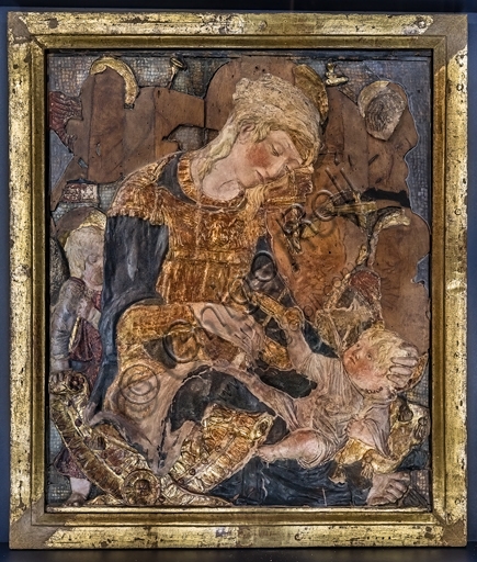 Scultura Madonna col Bambino e Angeli di Donatello, detta Madonna dei Cordai, in stucco policromo