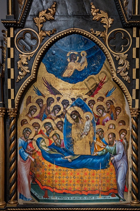 Dettaglio del dipinto Dormitio Virginis di Paolo Veneziano con figure di santi, 1333, tempera su tavola.