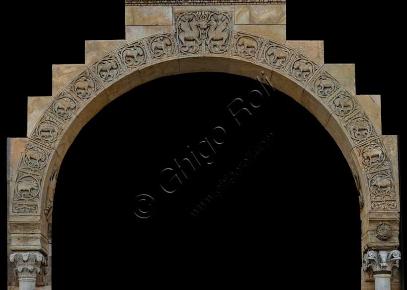 Sculptural detail of Fidenza Cathedral's portal with Antelami's Seven Deadly Sins reliefs