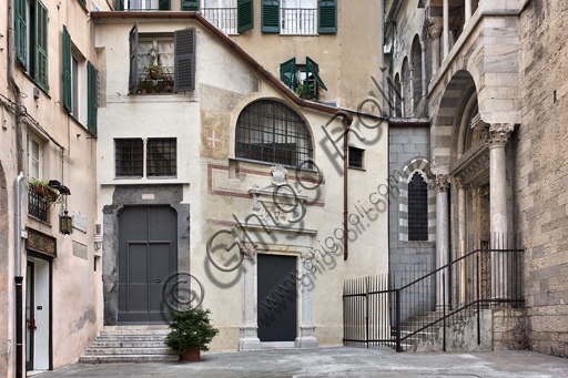 View of the portal of Santa Maria della Vittoria and the Baptistery, Genoa Cathedral, Genoa Liguria Italy