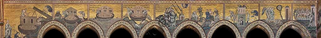 Byzantine mosaic in Monreale Cathedral depicting Noah, the Ark, and the Great Flood, detail from the nave's lower register.