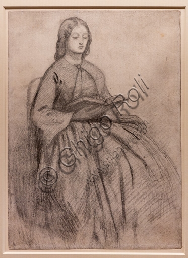 Pencil portrait drawing of Elizabeth Siddal seated on a chair, by Dante Gabriel Rossetti, 1855