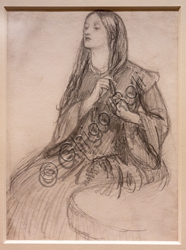 Drawing of Elizabeth Siddal braiding her hair, work by Dante Gabriel Rossetti from 1855 in graphite on paper