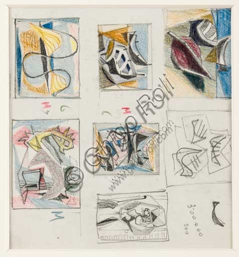 Disegno Capri Roma di Enrico Prampolini, matita e pastelli su carta, Collezione Assicoop-Unipol