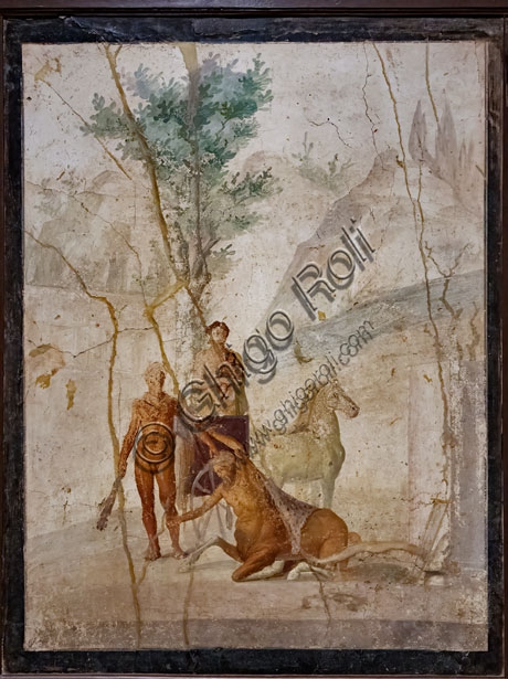Roman fresco of Heracles, Deianira and the centaur Nessus in the House of Jason at Pompeii, Third Style, 1st century AD.