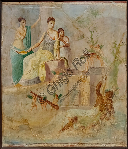 Roman fresco of Hercules and Omphale in the House of the Prince of Montenegro in Pompeii, III Pompeian style, 1st century AD.