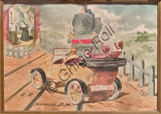 Twentieth century ex voto painting depicting accident between car and train, Bernareggi Museum Bergamo