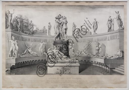 Litografia originale di Michele Fanoli del 1841 che raffigura le sculture di Antonio Canova, stampa d'arte su carta velina.