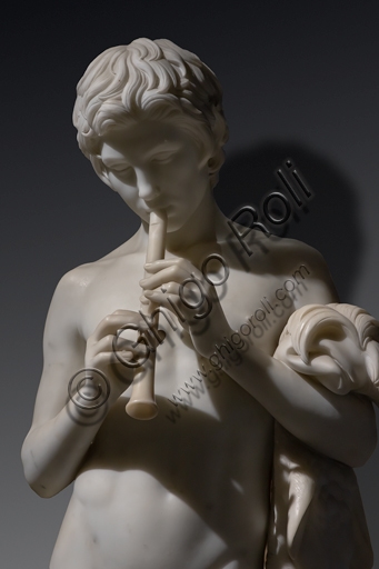 White Carrara marble sculpture depicting a faun playing the flute, artwork by Pietro Tenerani from 1859