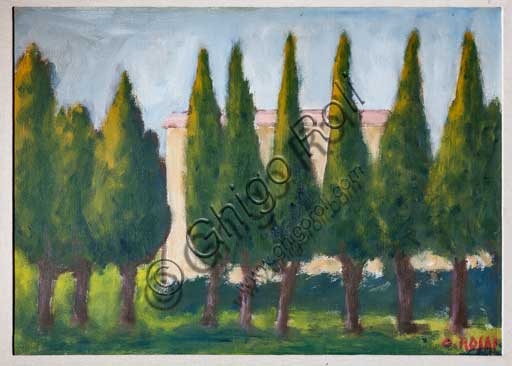 Dipinto 'Filare di cipressi' di Ottone Rosai esposto nel Palazzo dei Normanni a Palermo