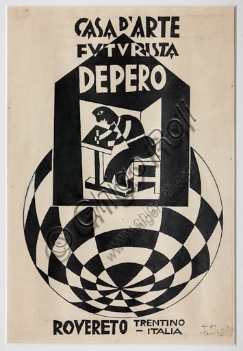 Bozzetto originale del marchio Casa d'Arte Futurista Depero, disegnato da Fortunato Depero tra il 1921 e il 1923.