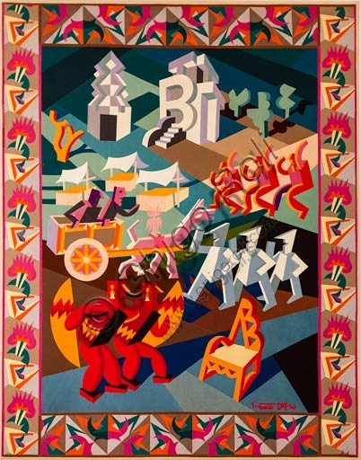 Textile intarsia work Feast of the Chair by Fortunato Depero, Futurist artwork from 1927 preserved at Casa Depero in Rovereto.