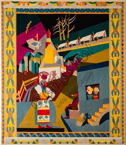 Dettaglio dell'opera Serrada, tarsia in panni di Fortunato Depero, esposta a Casa Depero a Rovereto, realizzata nel 1920
