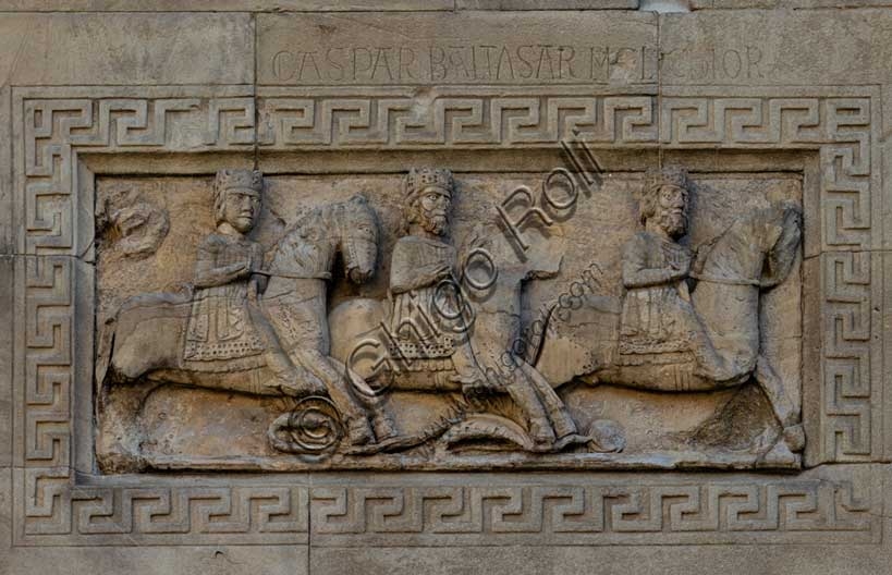 Sculpture The Flight of the Magi by Benedetto Antelami, façade of Fidenza Cathedral, Italy