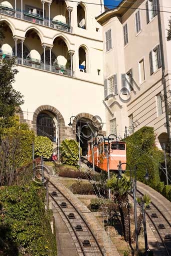 Historic Bergamo Funicular railway in transit towards Città Alta, built in 1887.