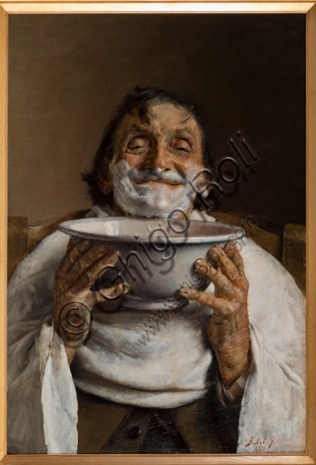 Dipinto 'Uomo dal barbiere' di Gaetano Bellei, pittore modenese, olio su tela 65,5x44 cm