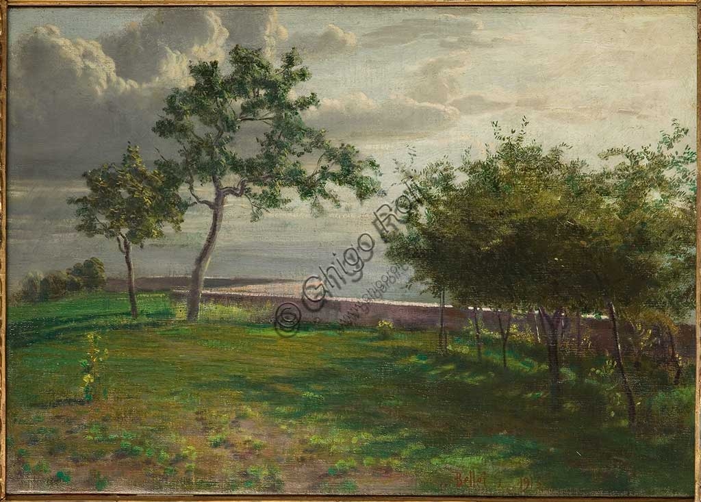 Dipinto 'Veduta con alberi e muretto' (1913), olio su tela del pittore italiano Gaetano Bellei