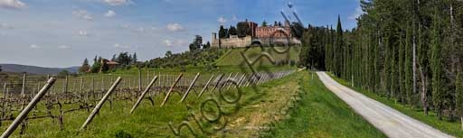 Veduta panoramica di Gaiole in Chianti con il Castello di Brolio e la campagna circostante punteggiata da vigneti, uliveti e cipressi