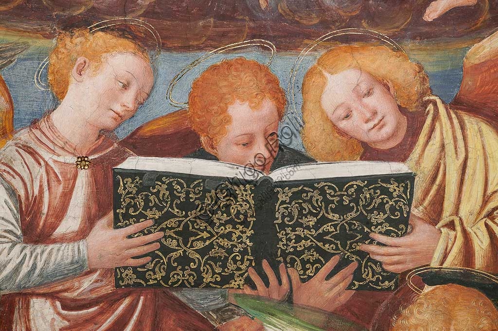 Detail of musical angels with harp and wind instruments in the fresco by Gaudenzio Ferrari, Saronno Shrine