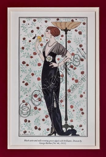 Illustrazione vintage di George Barbier in stile Art Déco raffigurante un modello di abito femminile del primo Novecento