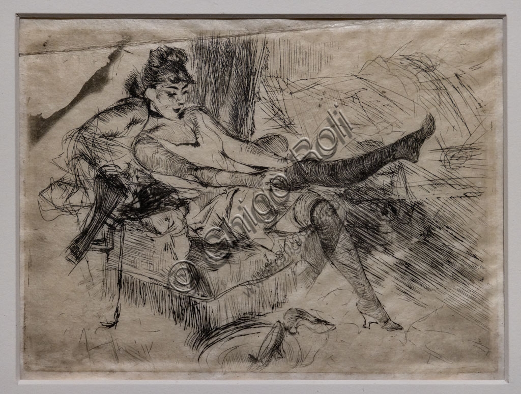 Young woman putting on stockings Giovanni Boldini drypoint etching art print