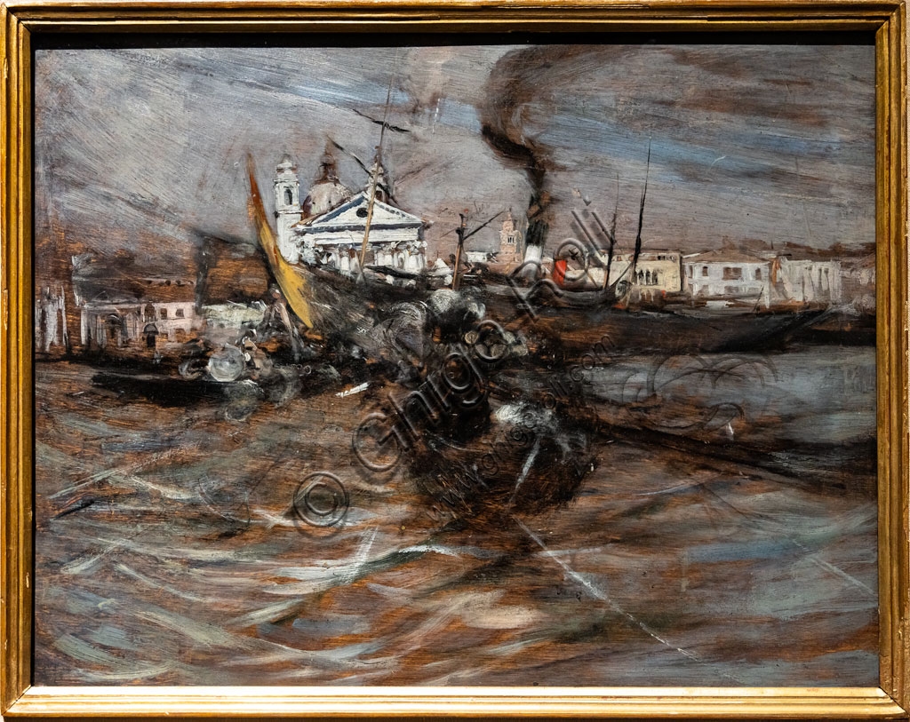 Painting 'Boats in Venice' by Giovanni Boldini, oil on panel from 1887 depicting boats in Venice