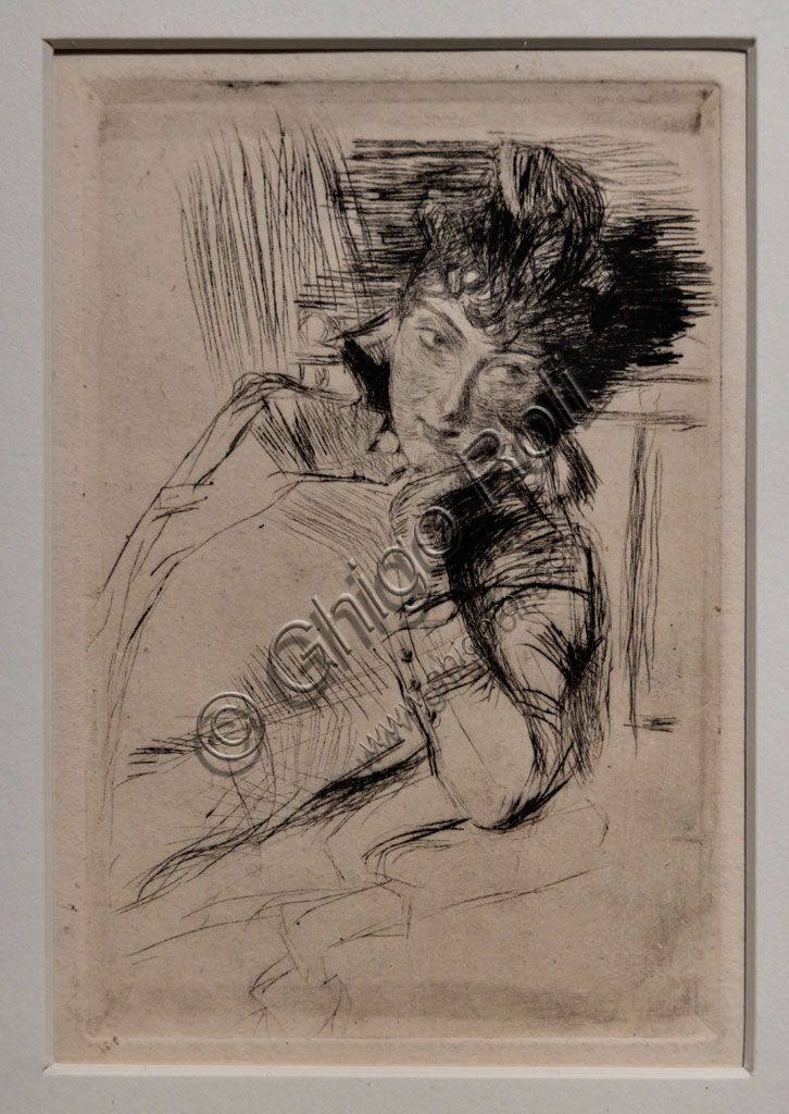 Pensierosa Giovanni Boldini dettaglio stampa puntasecca su carta 1902-1905