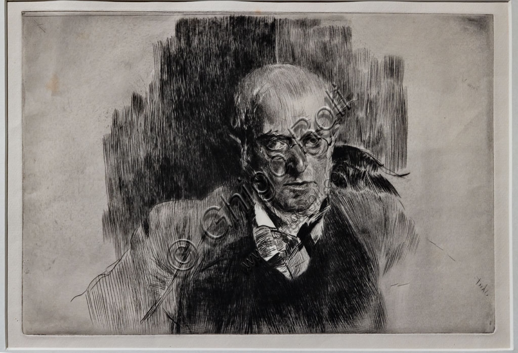 Portrait of the painter Adolf Menzel, drypoint on paper by Giovanni Boldini, 1890