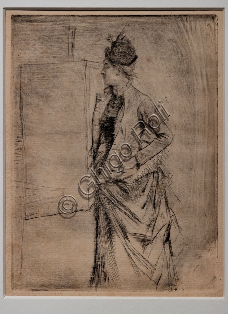 Ritratto di una giovane donna in piedi di profilo (La Visita), puntasecca di Giovanni Boldini