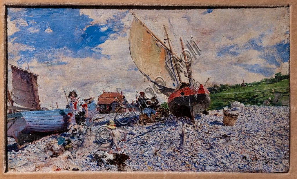 Giovanni Boldini - La spiaggia a Etretat, dipinto olio su tavola 1876, paesaggio marino con scogliera