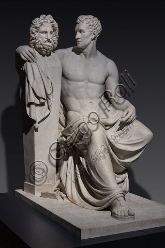 Marble sculpture of seated Antonio Canova with his arm around the Phidian herm of Jupiter, by Giovanni Ceccarini
