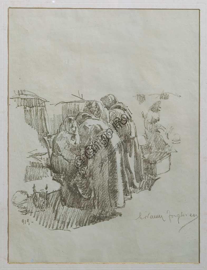 Litografia Donne al mercato di Giovanni Forghieri, 1919, Collezione Assicoop-Unipol