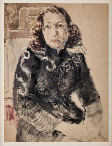Dipinto Ragazza in nero di Giovanni Forghieri, olio su carta, arte italiana figurativa
