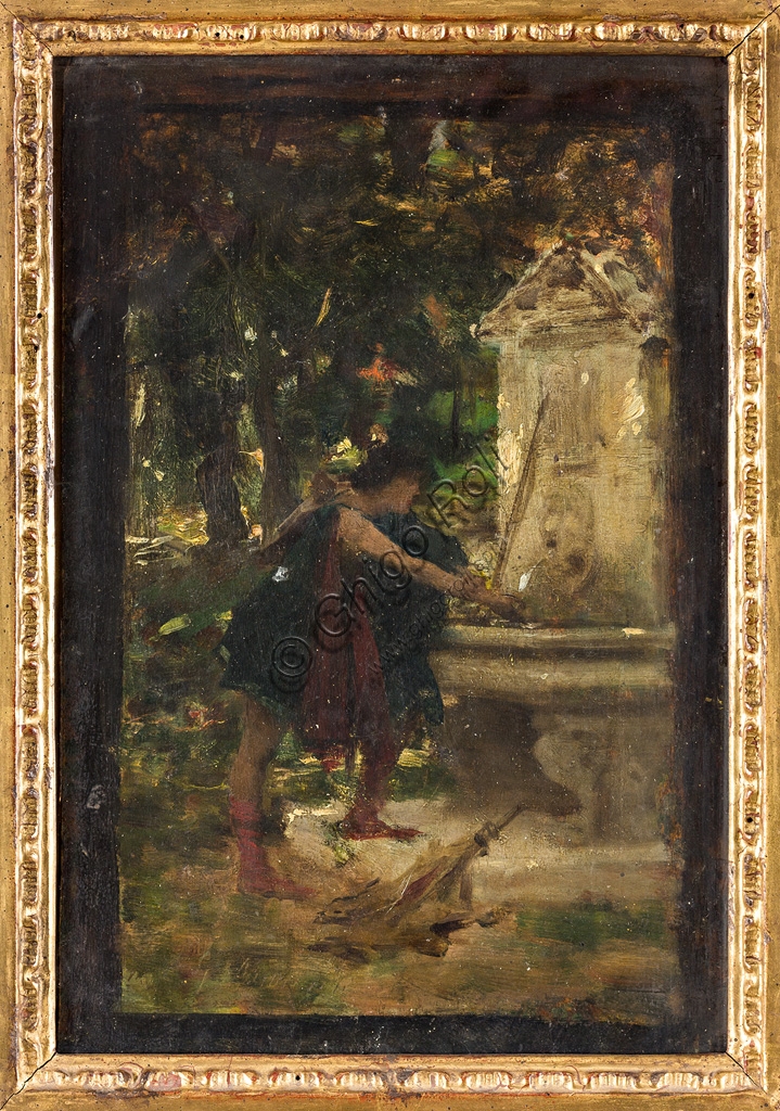 Quadro "Alla fontana" olio su tavola di Giovanni Muzzioli, Collezione Assicoop - Unipol