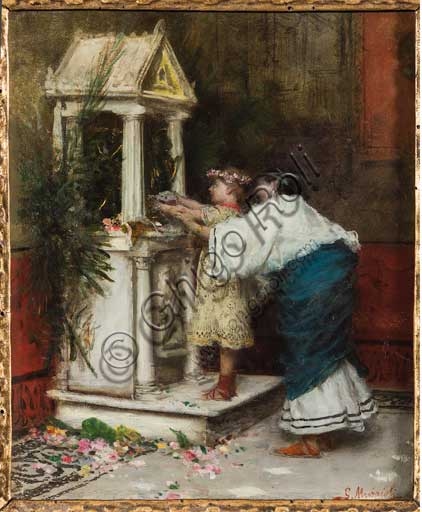 Dipinto olio su tela Madre e figlia davanti a un tempietto di Giovanni Muzzioli, pittore italiano 800