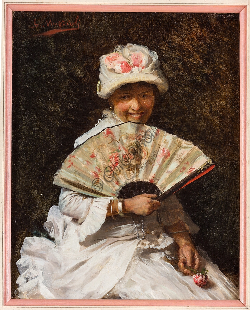 Dipinto Signora con ventaglio di Giovanni Muzzioli, olio su tela
