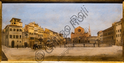 Painting St. Croce Square in Florence by Giovanni Signorini, 1846, oil on cardboard