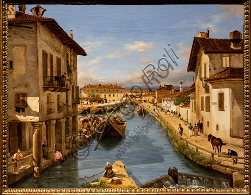 Dipinto Veduta del canale Naviglio dal ponte di S. Marco a Milano, olio su tela di Giuseppe Canella, 1850 circa