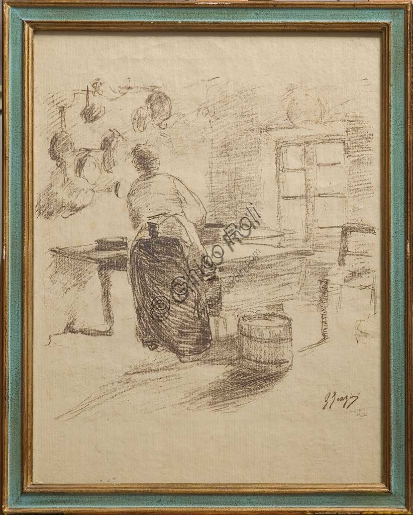 Litografia In cucina di Giuseppe Graziosi, scena domestica su carta, Collezione Assicoop - Unipol