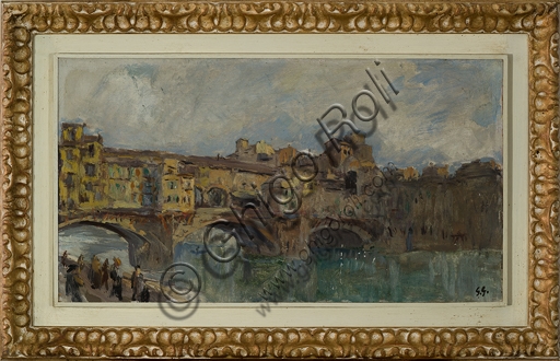 Dipinto Ponte Vecchio a Firenze di Giuseppe Graziosi, olio su tela 35x61 cm