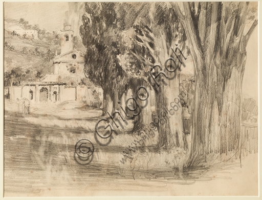 Disegno a matita Paesaggio con chiesa di Giuseppe Mentessi, artista italiano di Ferrara